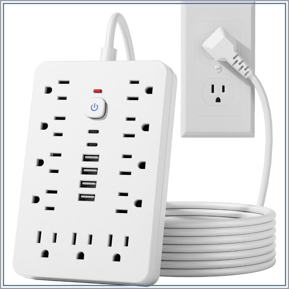 Ac Surge Protector - 15フィート フラットプラグ サージプロテクター付き電源タップ、11個のACコンセントと6つのUSBポート（2つのUSB-C）、1250W/10A、ワンタッチスイッチ、ホワイト